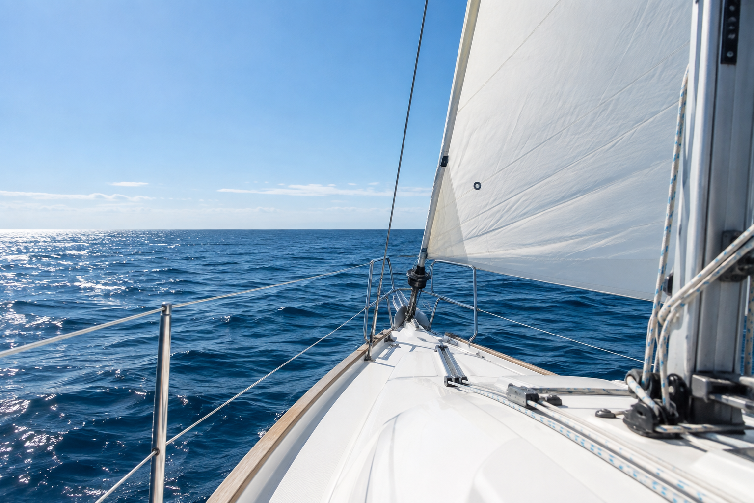 Looking forward from a sailboat’s white deck toward a blue ocean and clear horizon
